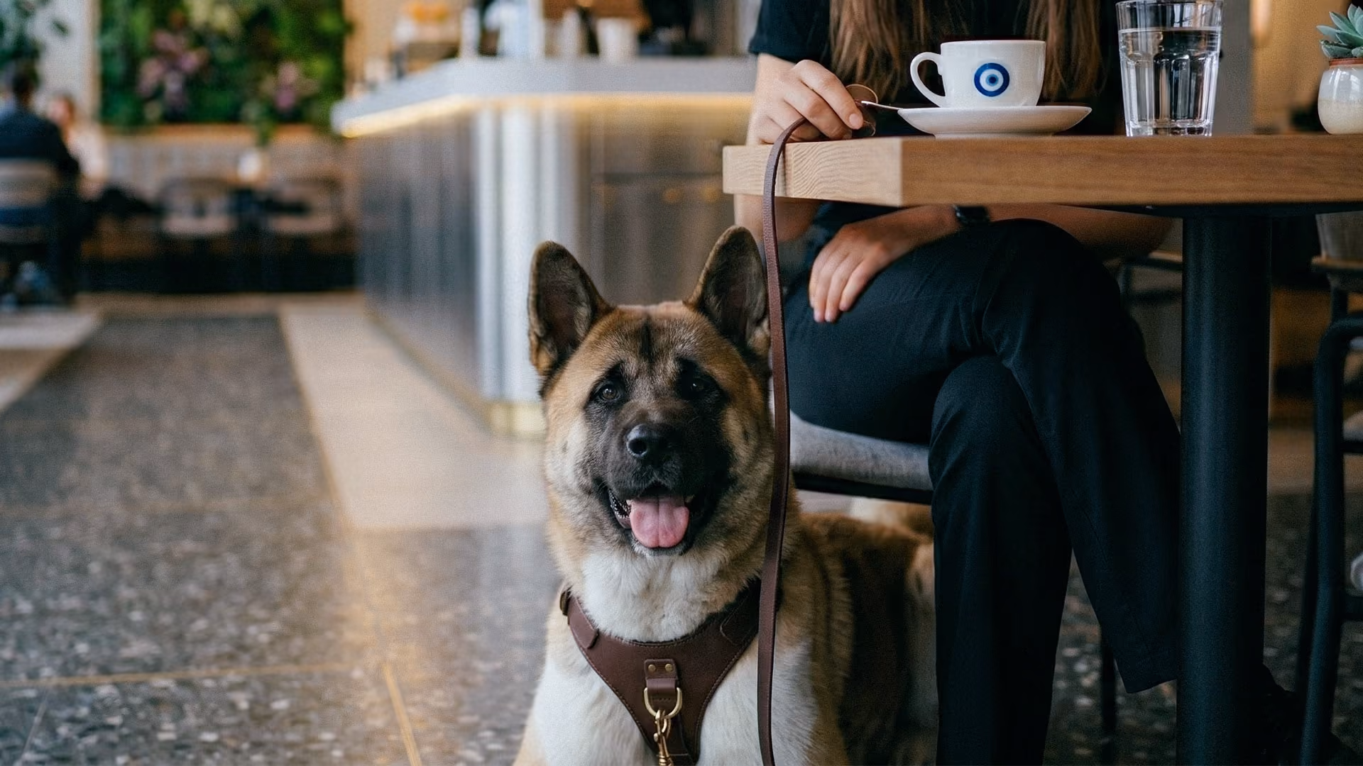 Kafede sahibinin yanında sakince bekleyen köpek – Dog Craft Academy Ankara köpek eğitimi