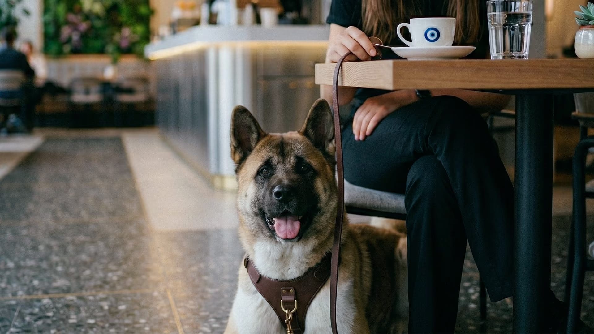 Kafede sahibinin yanında sakince bekleyen köpek – Dog Craft Academy Ankara köpek eğitimi