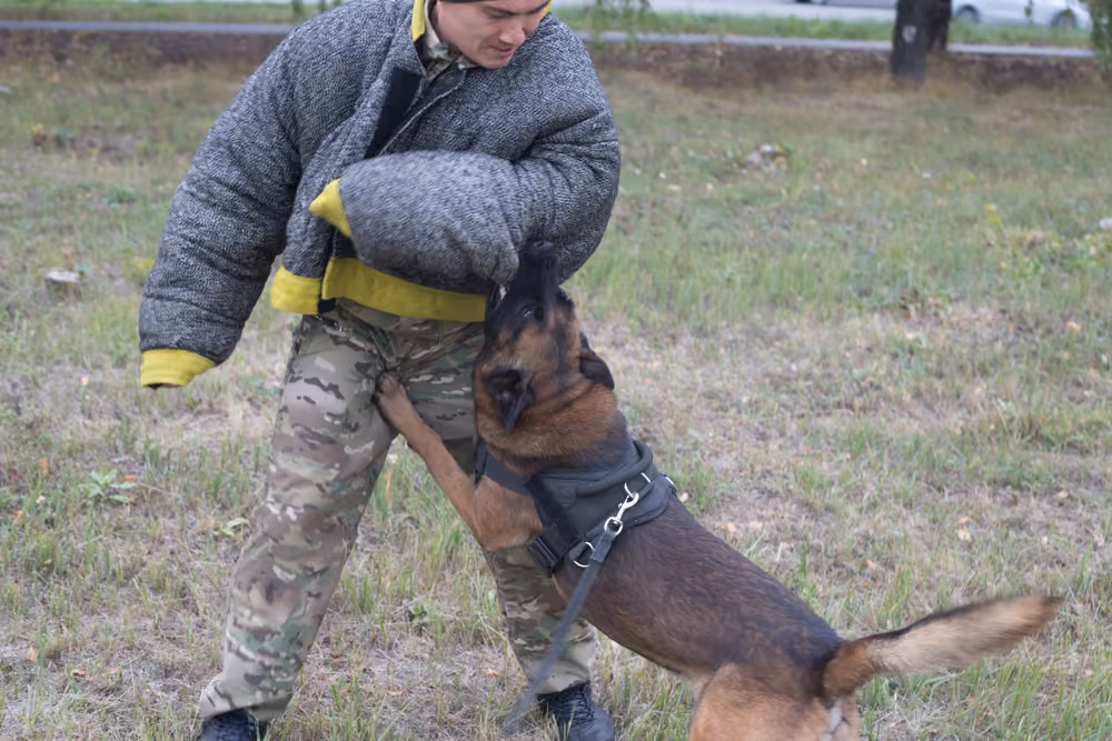 Protection dog waiting calmly and under control beside its handler