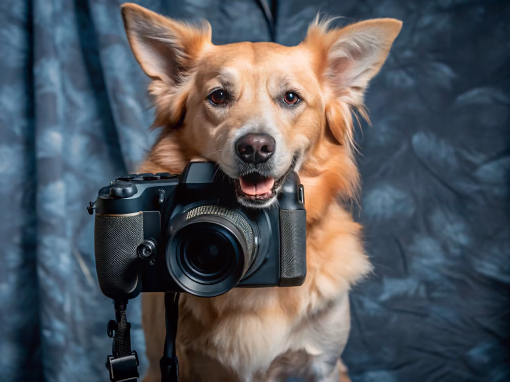 Dog performing in front of the camera on set under a trainer’s direction